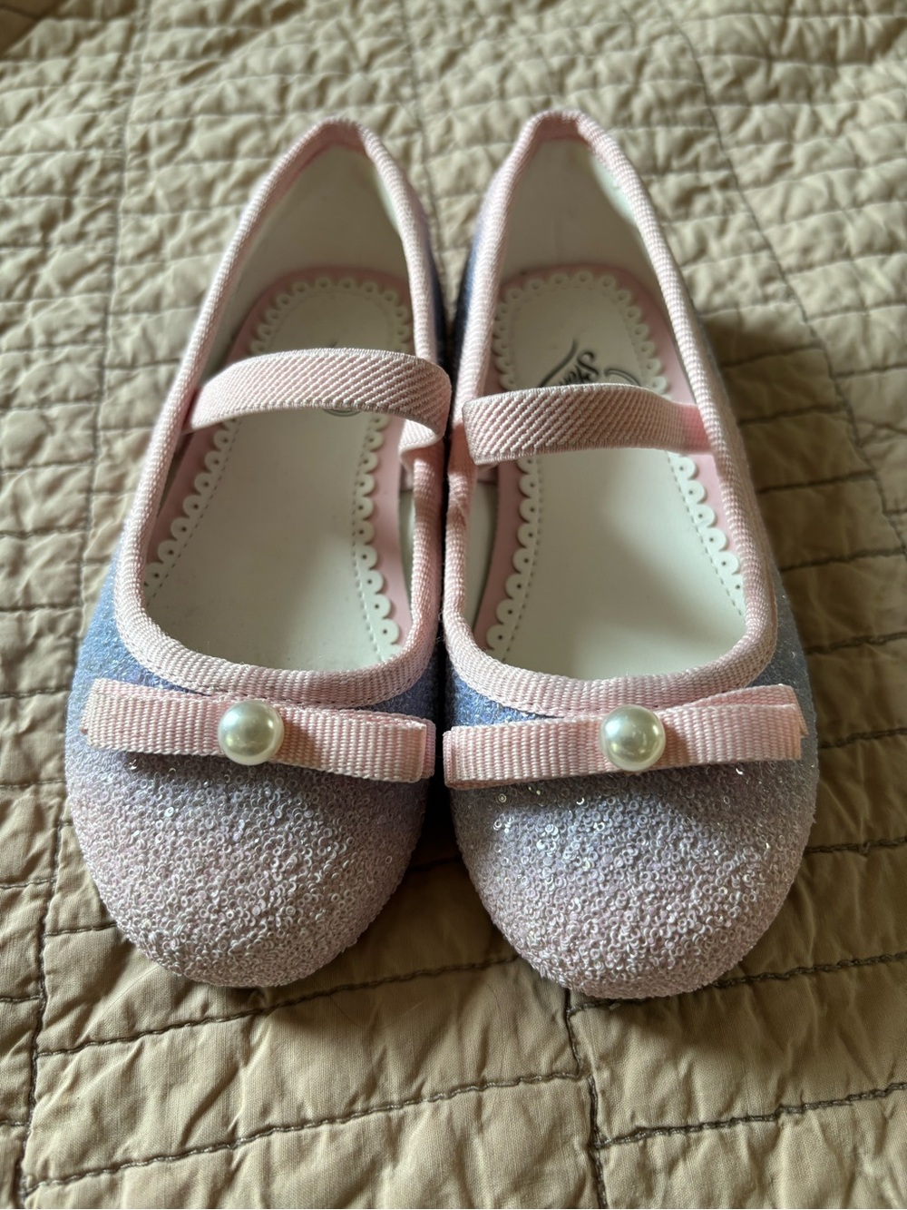Stella Pink and Purple Glitter Mary Jane Flats with Pearl Bow